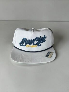 BayClut White Embroidered Snapback Hat with Blue Script